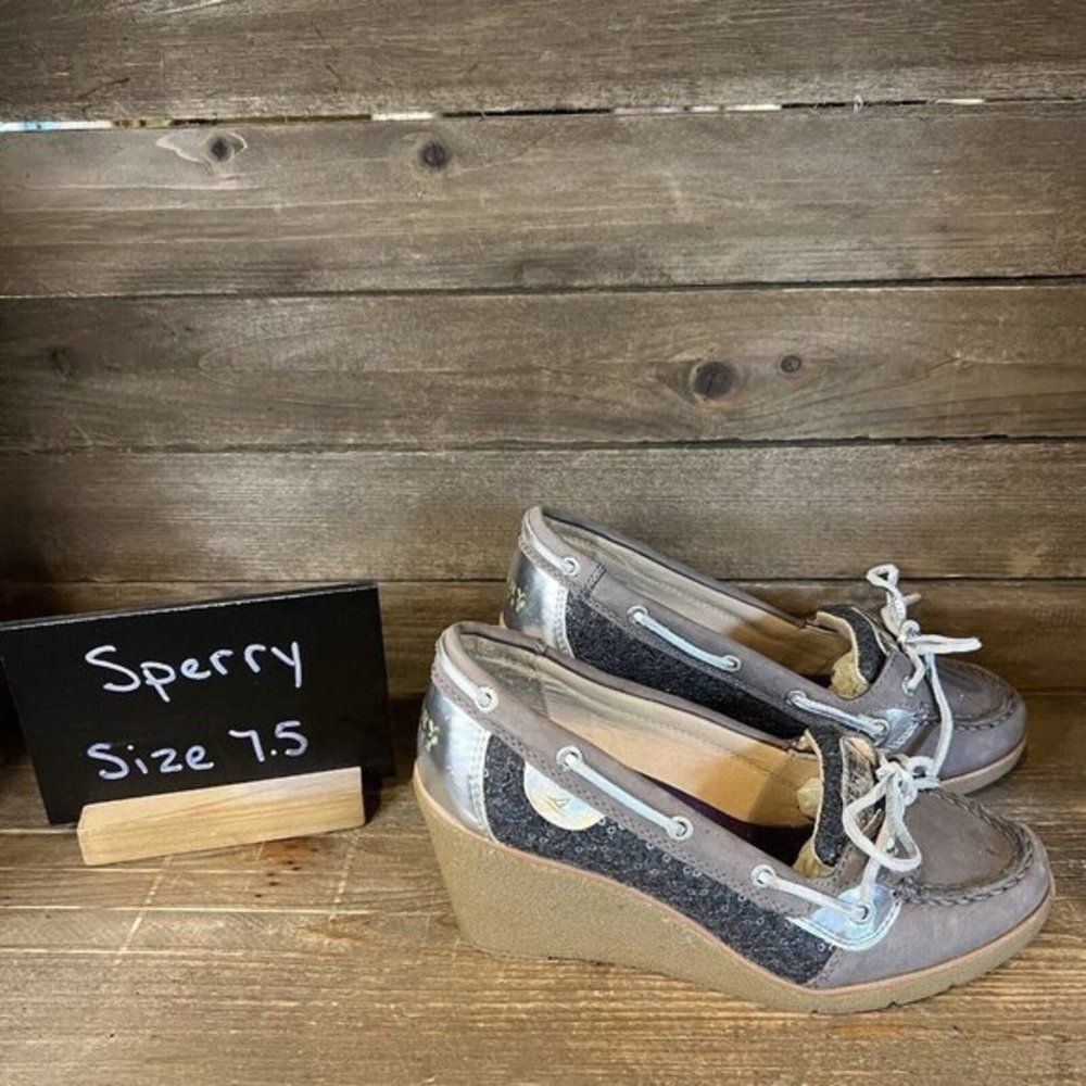 Womens Sperry Goldfish Gray Sequin Wedge Heeled Deck Boat Shoes Size 7.5 M GUC‎